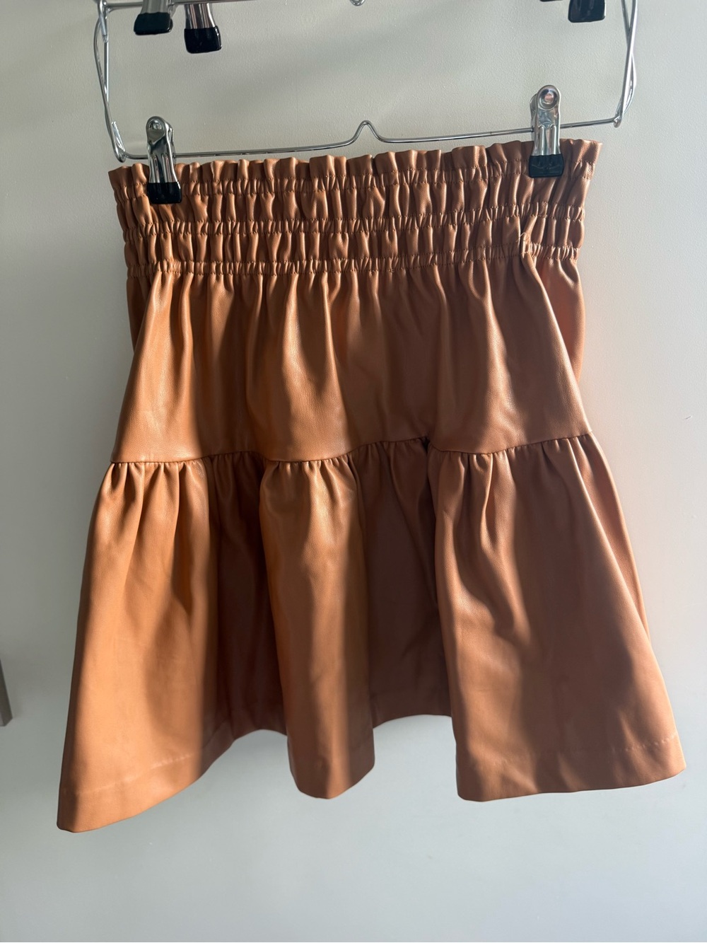 Tiered Faux Leather Mini Skirt — Tan